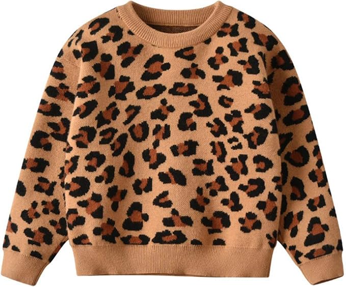 女婴豹纹毛衣针织套头上衣幼儿休闲圆领长袖保暖秋冬服装